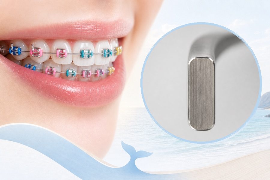 ยิ้มติดแบร็กเก็ตใส่ยางสี พร้อมภาพขยายลวด I-Arch หน้าตัดสี่เหลี่ยมแนวตั้ง (ภาพประกอบ)